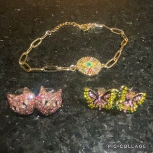 Gold Chain Bracelet with Eye Pendant, Pink Cat Earrings & Butterfly Earrings